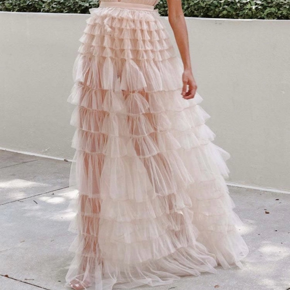 Women's Blush Ruffle Maxi Dress - Elegant V-Neck Tiered Gown - Picture 2 of 9